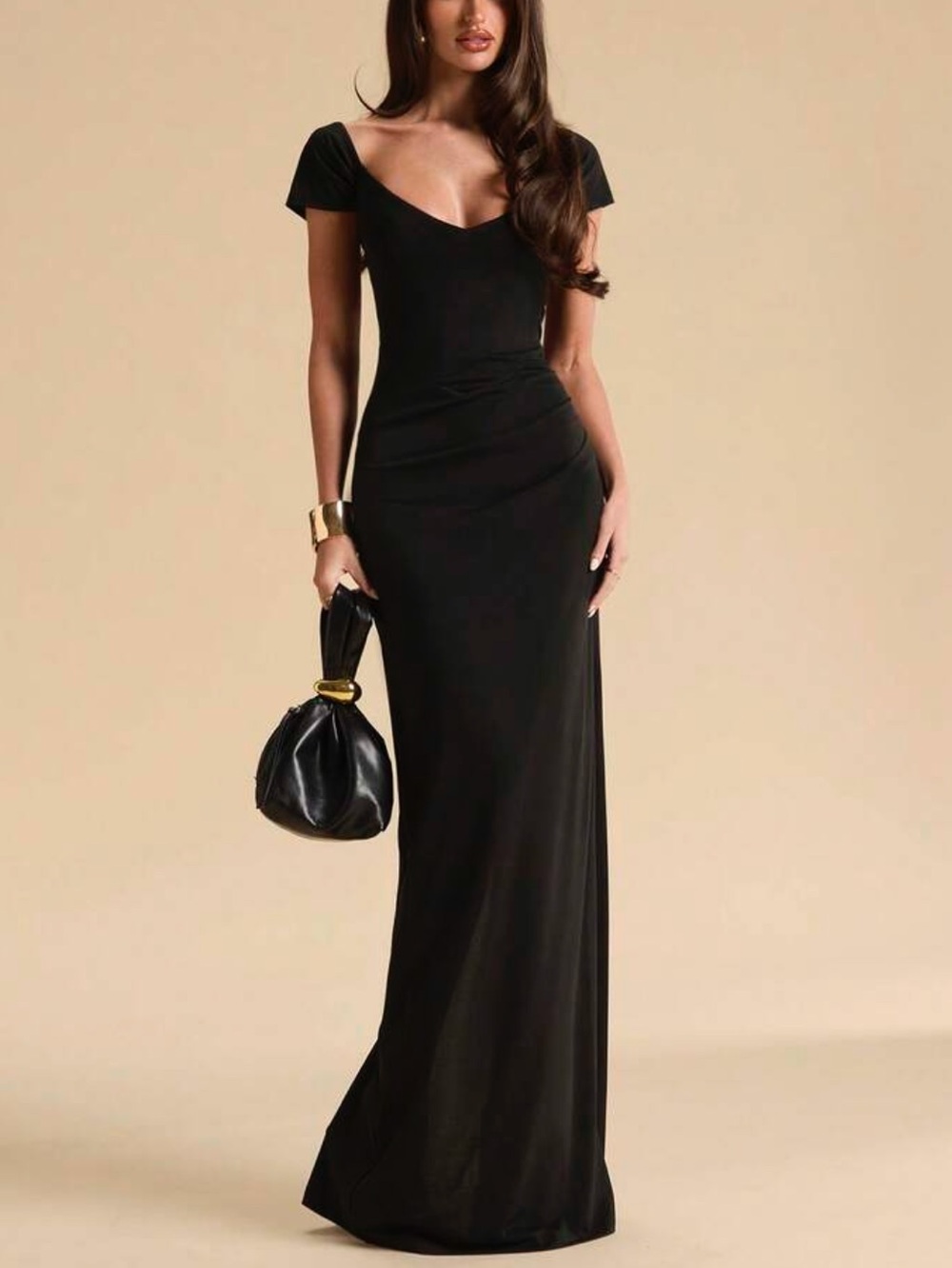 Elegant Black Cap-Sleeve Evening Gown